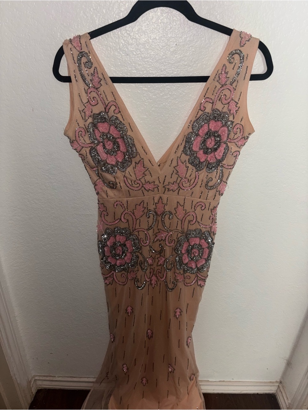 RARE VINTAGE One of a Kind Embellished Beaded V-Neck Pink Floral Evening Dress